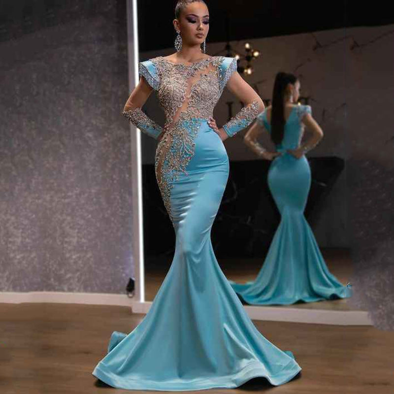Daily Light Blue Fishtail Banquet Long Alluvial Gold Series Slimming Annual Party Evening Dress Women
