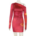 Autumn Socialite Elegant Sexy Slim Fit Mesh Floral Print Shoulder Long Sleeve Dress