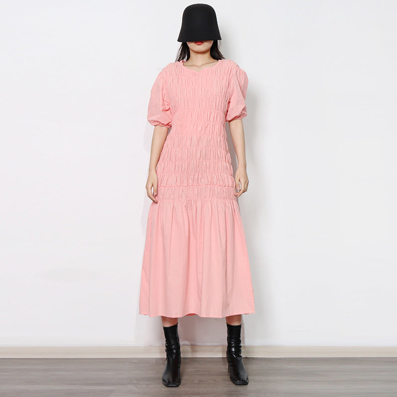 Fresh Sweet Early Spring round Neck Puff Sleeve Personalized Elastic Pleated Design Ruffled Hem Women Dress