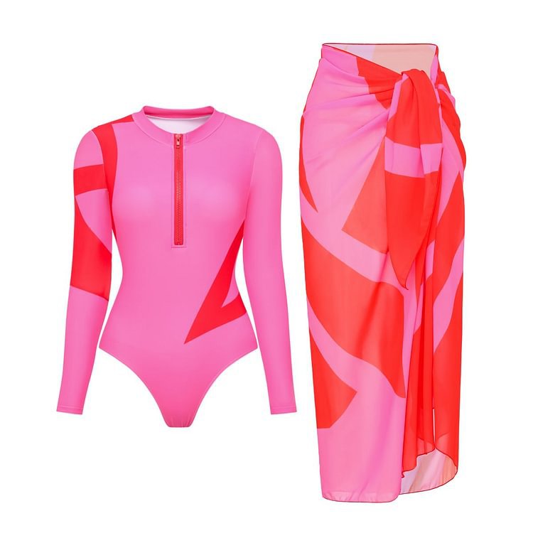 Long Sleeved Printed One Piece Swimsuit Women Surfing Set