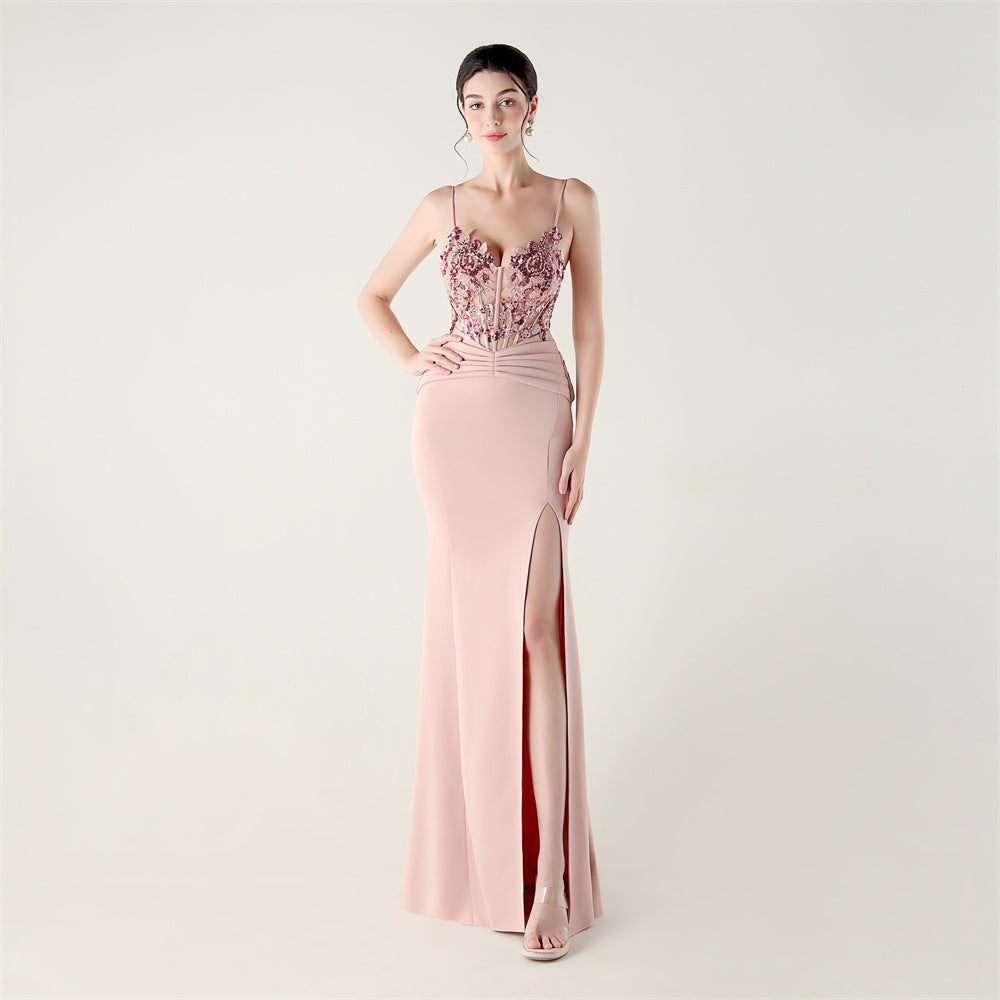 Satin Cloth Applique Bead Tube Boning Corset Waist Tight Folding Craft Evening Dress Strapless Sexy Dinner Social