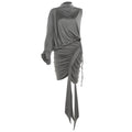 Fall Women Clothing French Half Turtleneck One Shoulder Sleeve Top Hip Pleated Irregular Asymmetric