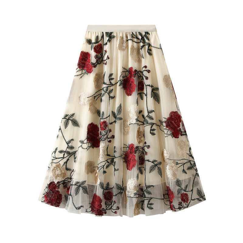 Retro High Waist Slimming Embroidered Large Floral Sweet Net Yarn Mid Length Fairy Skirt
