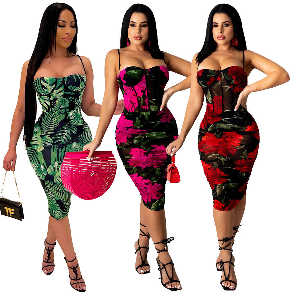 Printed Sexy Dress Pleated Slim Strap Nightclub