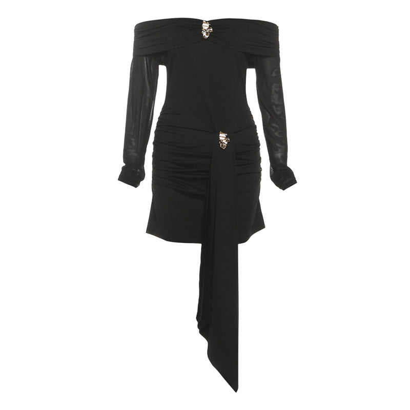 Fall Women Clothing Sexy Sexy Sheath Semi See through off Shoulder Backless Metal Decorative Dress Women