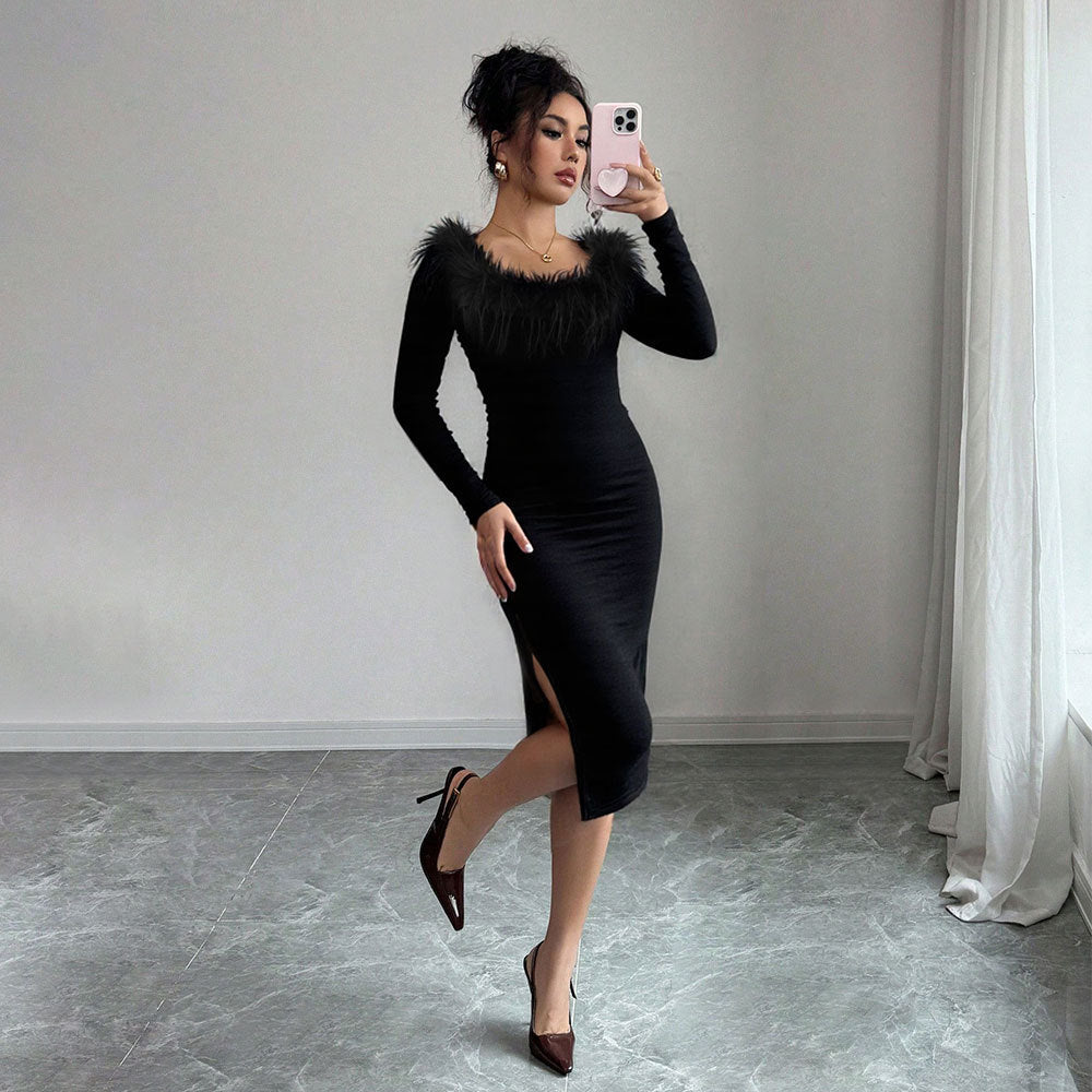 Black Plush Neckline Dress Women Fall Winter Slim Maxi Dress Side Slit Elegant Dinner Dress