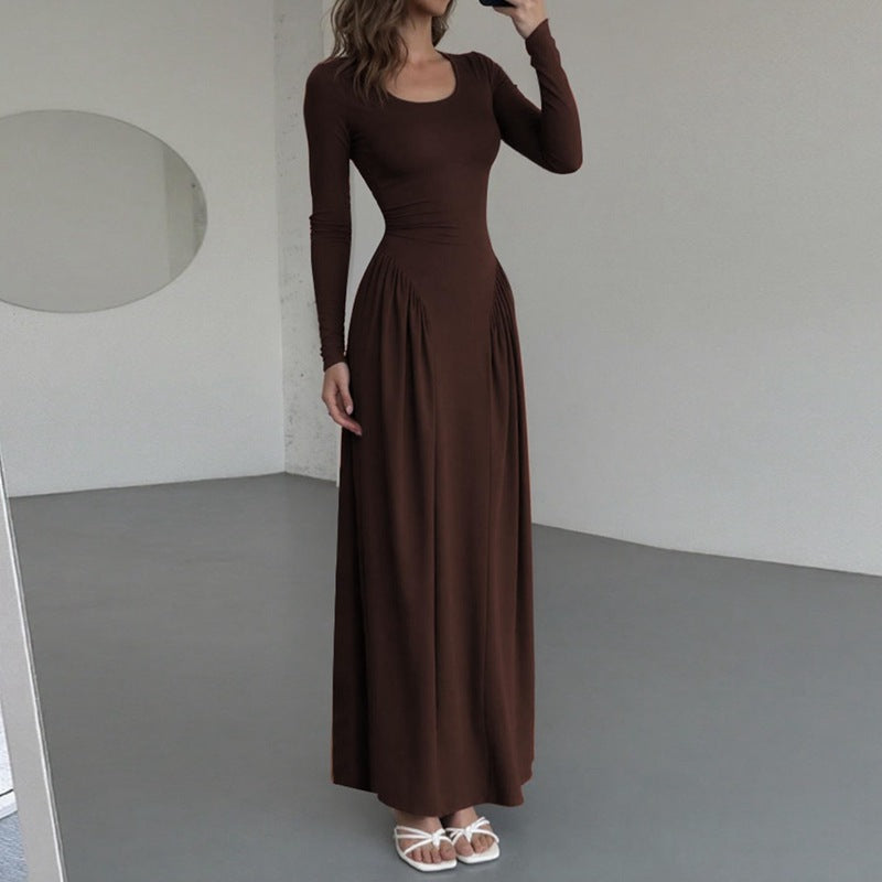 Women Autumn French U Shaped Collar Solid Color Long Sleeve Tied Waist Slimming Dress