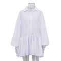 Women Clothing Autumn Solid Color Office Pleated Dress Collared Puff Sleeve Shirt Dress for Women