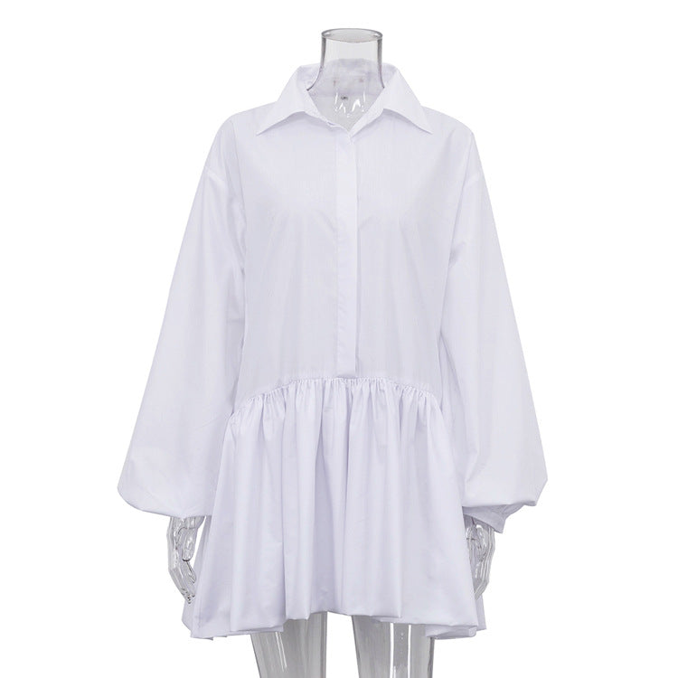 Women Clothing Autumn Solid Color Office Pleated Dress Collared Puff Sleeve Shirt Dress for Women