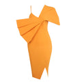 Asymmetric Design Yellow Dress One Shoulder V neck Split Waist Fitted Mid Length Dress