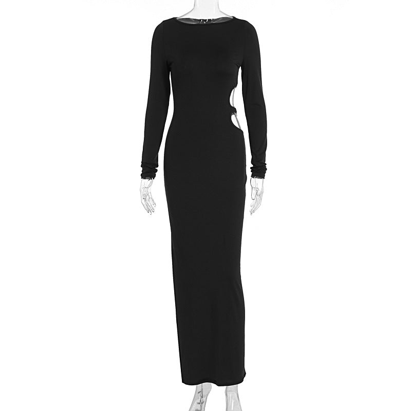Women Clothing Sexy Hollow Out Cutout round Neck Autumn Long Sleeve Dress