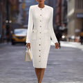 Elegant White Tweed Long Sleeved Dress Two Side Pocket Slim Knitted Dress
