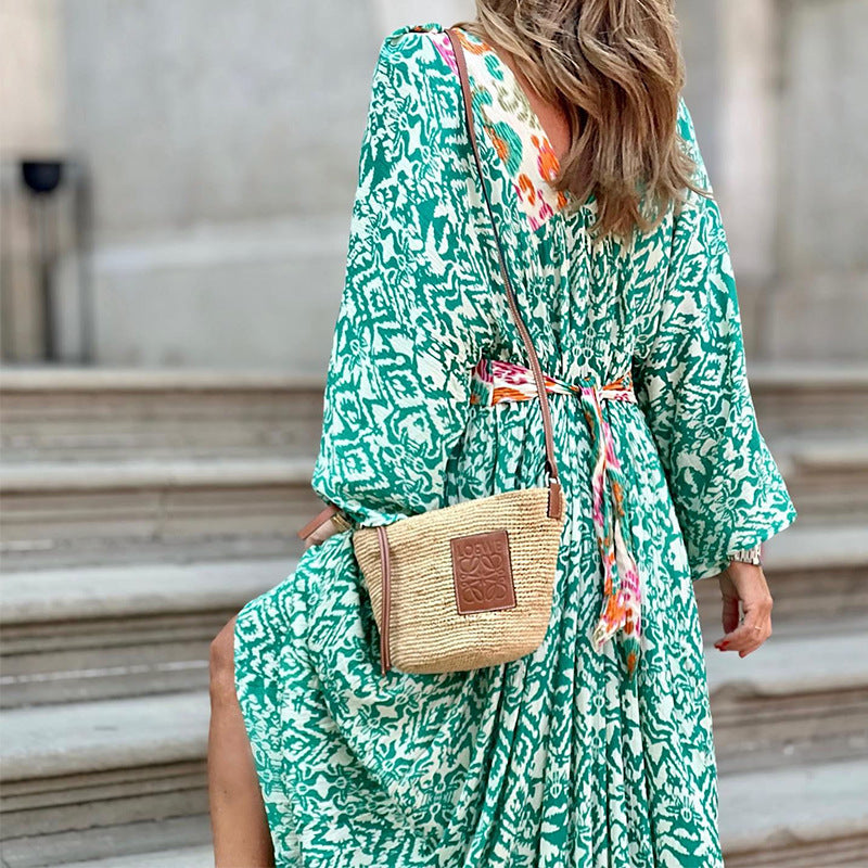 Autumn Women Casual V neck Long Sleeve Mid Length Printed Dress