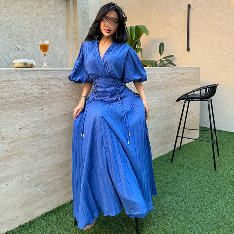 French Personalized Puff Sleeve Design V neck High Waist Tight Waist Design Maxi Dress Autumn Solid Color Women Dress