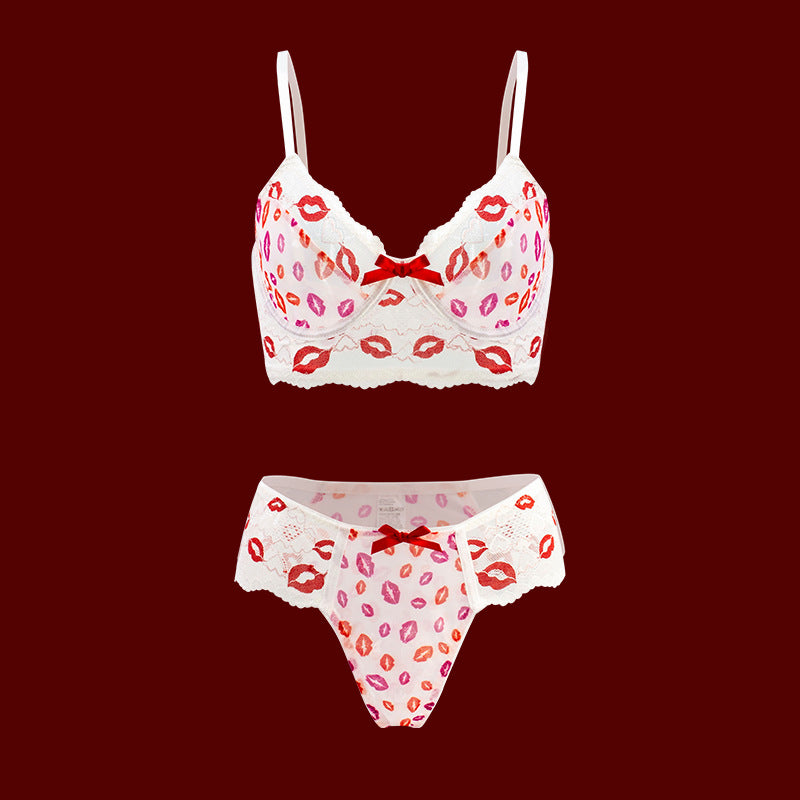 Sexy Lingerie Supply Sexy Seduction Red Lip Mesh Bra Busty Gathering Sexy Two Piece Sets
