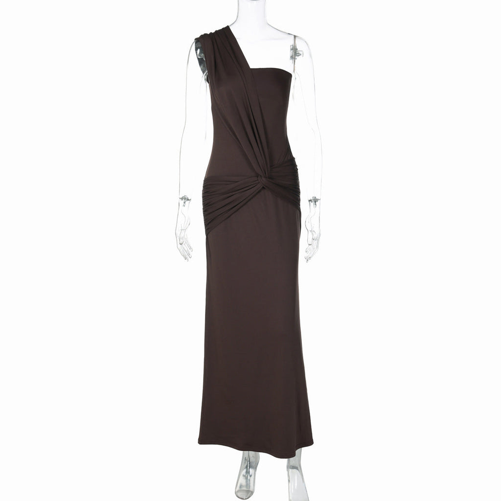 Women Clothing Winter Sexy Side Hollow Out Cutout Cross Strap One Shoulder Dress