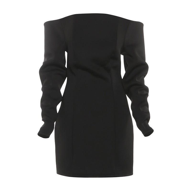 Autumn Winter Women Sexy Shoulder Baring Slimming Long Sleeve Narrow Short Dress