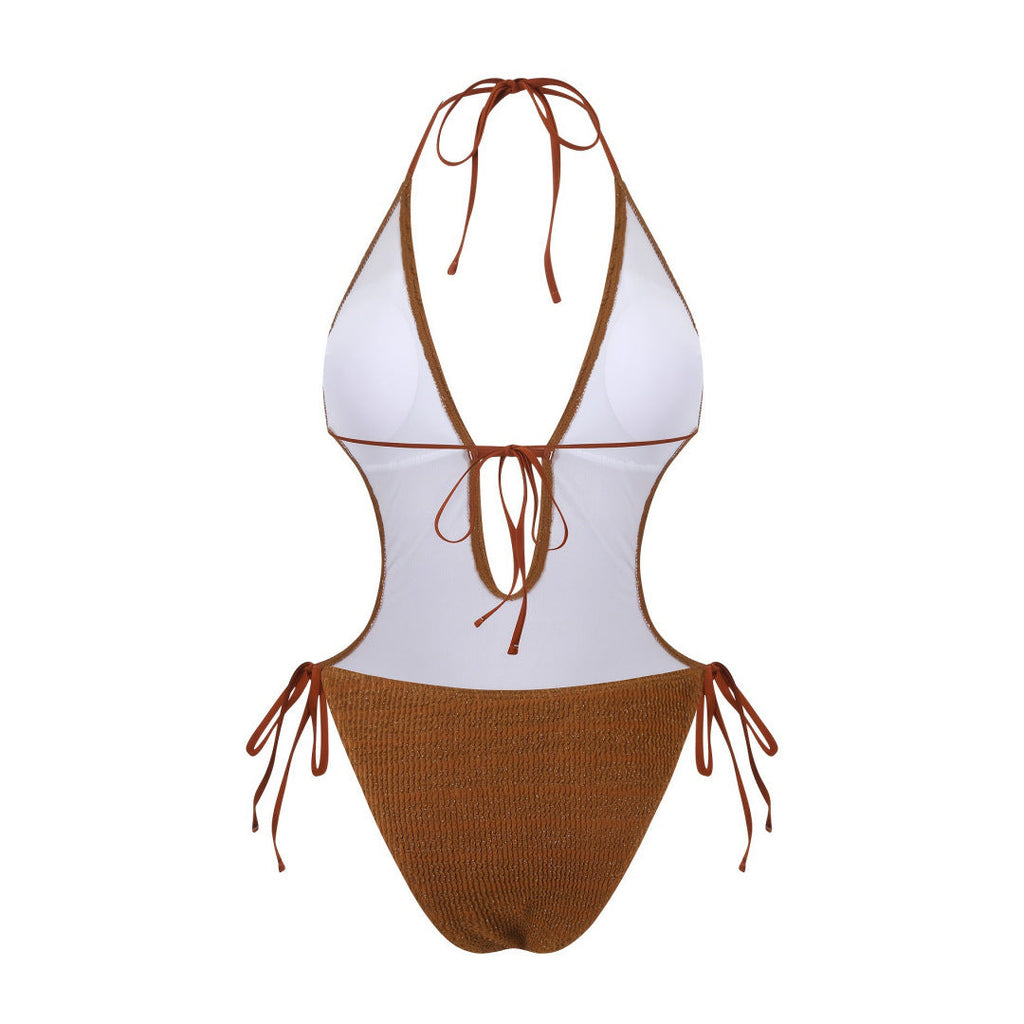 Bikini Sexy Deep V Plunge Lace up Halterneck Backless Siamese Women Swimsuit