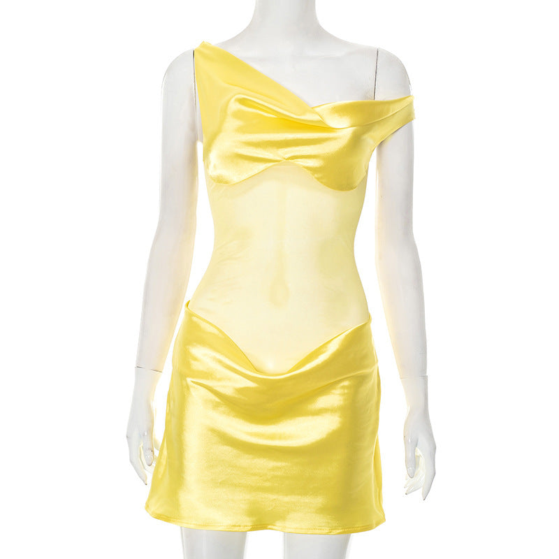Women Clothing Summer Artificial Silk Stitching Mesh Sloping Shoulder Dress