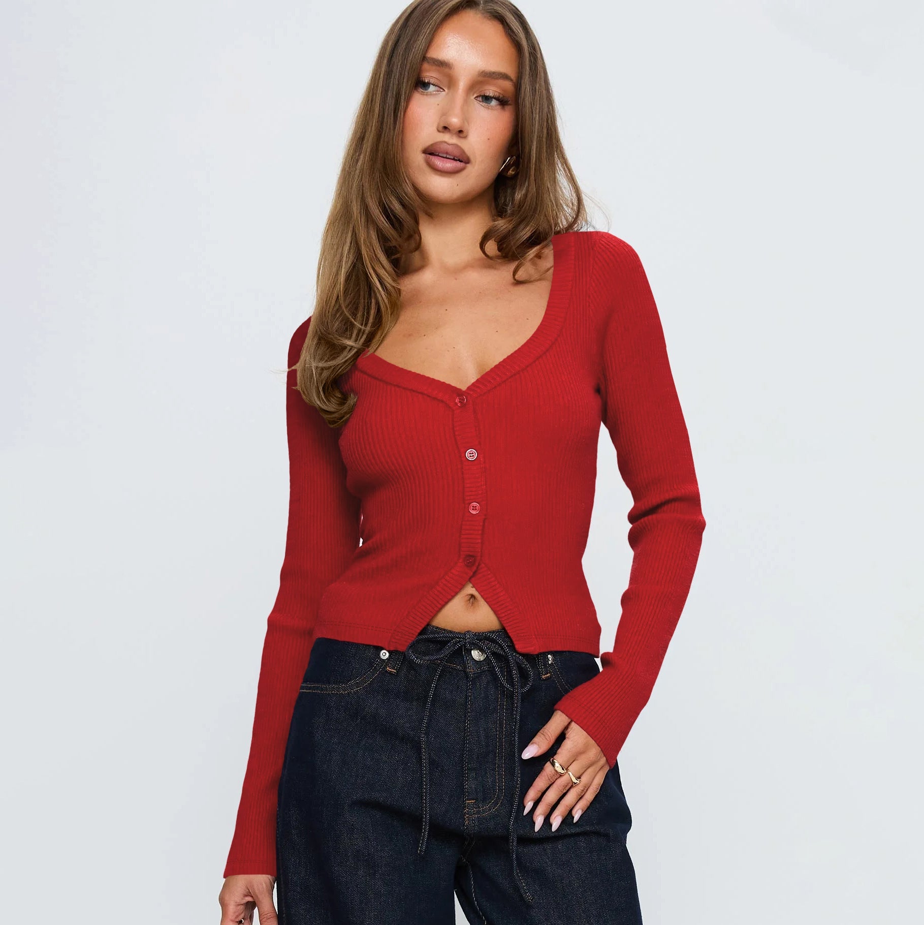 Women Fall Winter V neck Long Sleeve Ribbed Button Cardigan Slim Fit