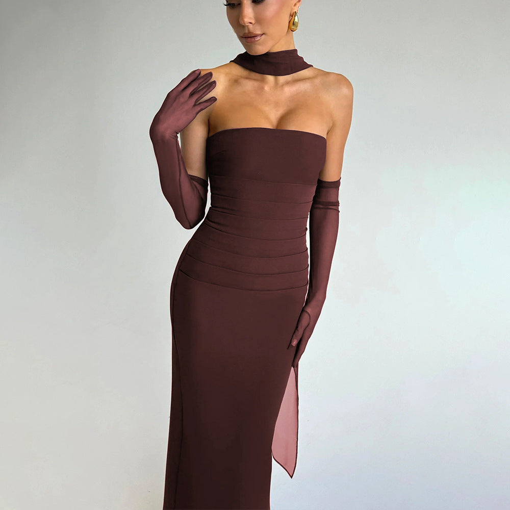 Spring Tube Top Cinched Waist Women Dress Elegant Ribbon Backless Sexy Sheath Dress