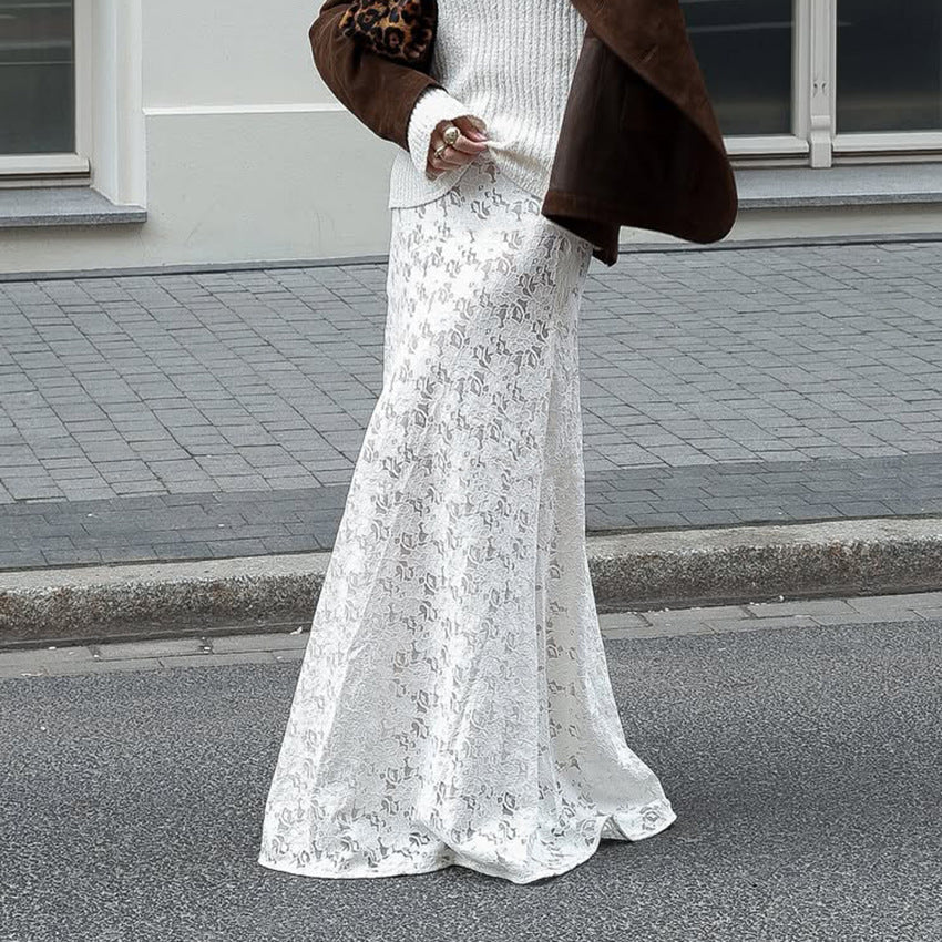 Sexy Design Lace Beach Casual Fishtail Skirt Autumn Winter Elegant White Ankle High Skirt Women