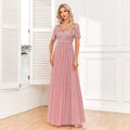 Women Elegant Short Sleeve Stitching Double V Neck A Line Tulle Evening Dress A Swing Sequined Dress