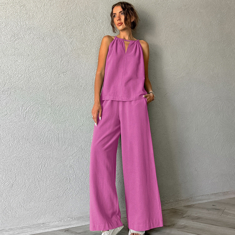 Khaki Cotton Linen Hollow Out Cutout out Tied Sleeveless Halter Vest Wide Leg Pants Set Spring Summer