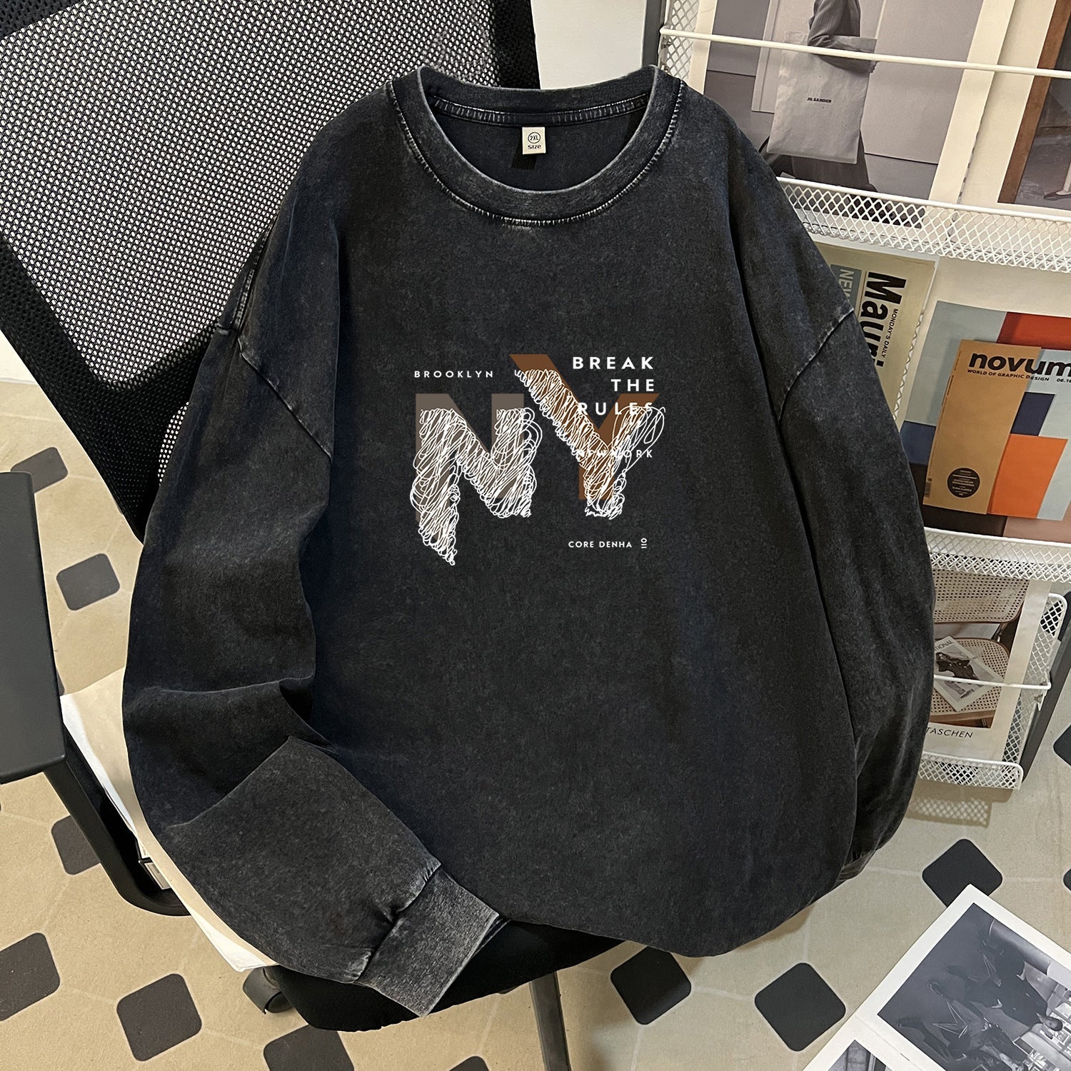 Autumn Winter Retro Washed Heavy Cotton Niche round Neck Brand Hip Hop Long Sleeve T shirt Women