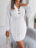 Fall Winter Button V Neck Twist Lantern Sleeve Package Hip Sweater Dress Women Clothing