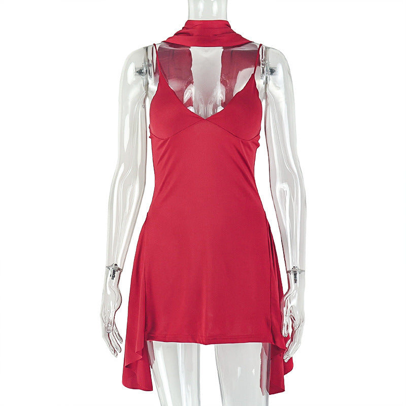 Women Clothing Pleated Solid Color Sexy Waist Trimming A line Dress Halterneck with Suspenders V neck Sleeveless Short Light Dress