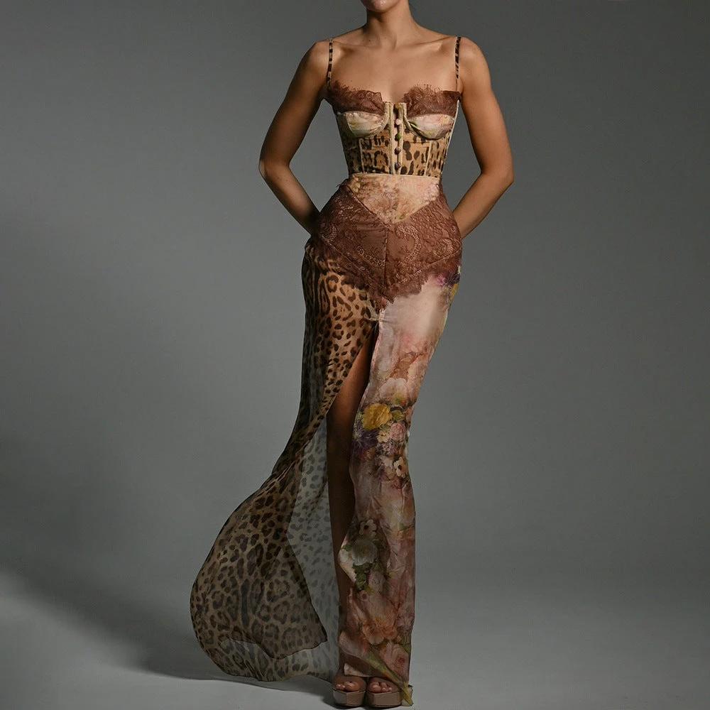 Corset Spaghetti-strap Floral Animal Print Patchwork Long Dress
