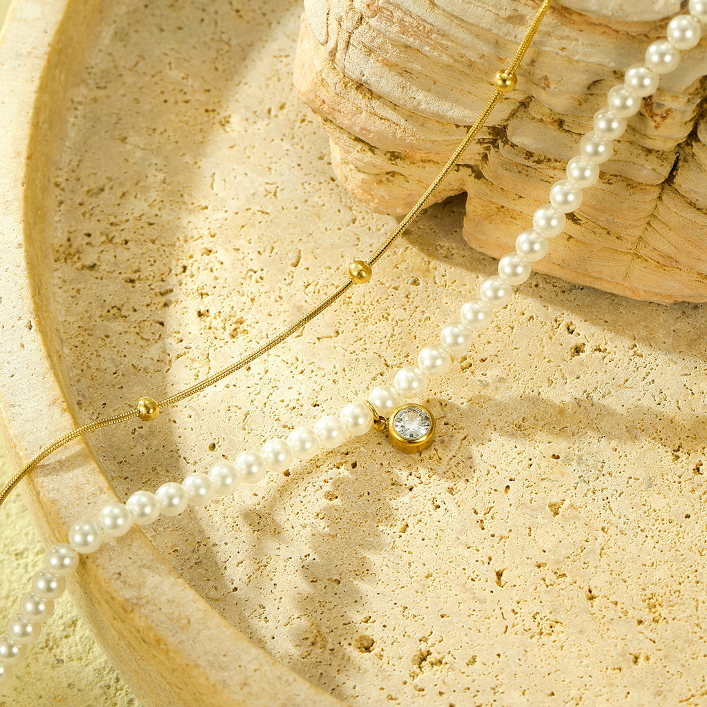 All Match Pearl Double Chain Inlaid Zircon Titanium Steel Necklace 18K Stainless Steel Clavicle Chain Accessories