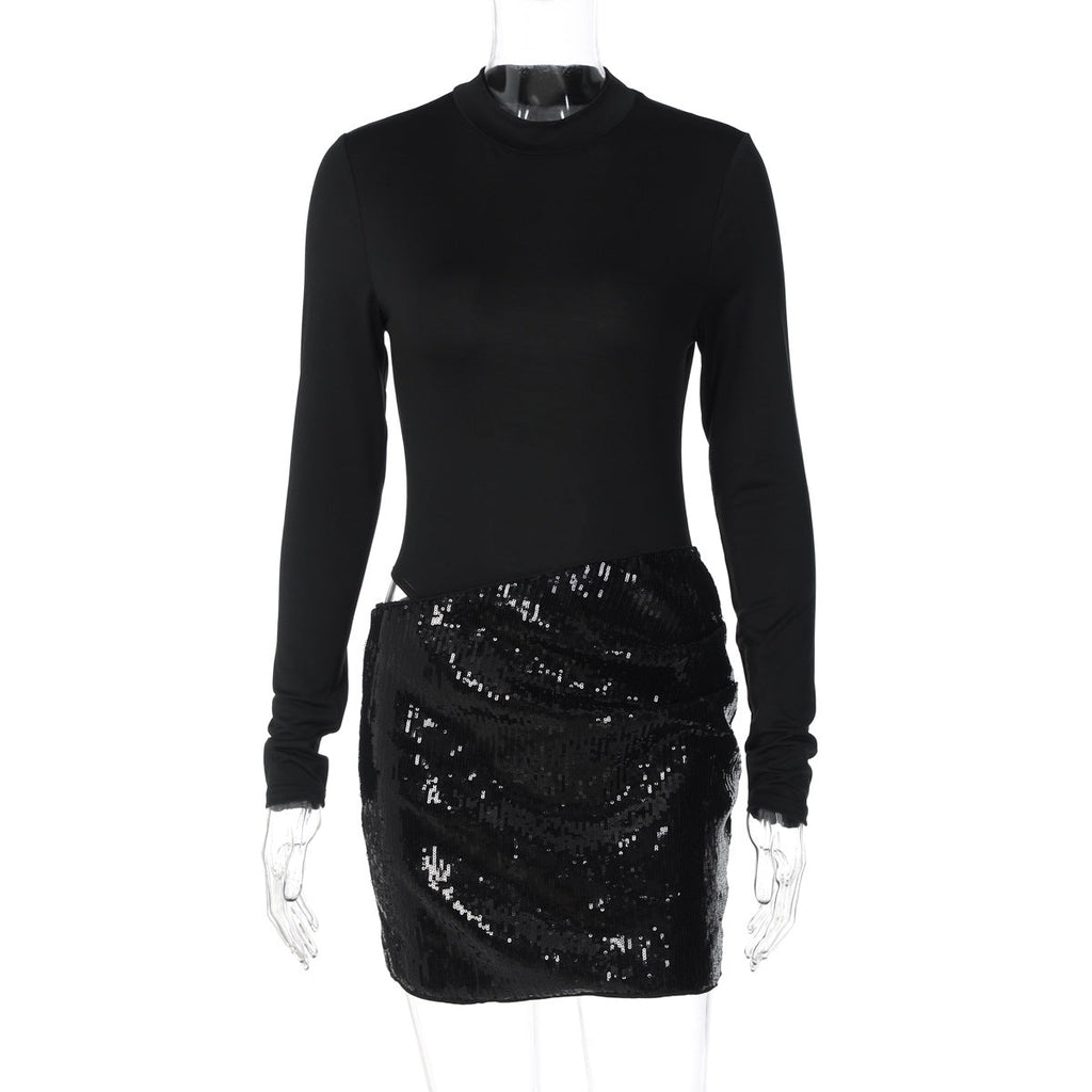 Women Clothing Autumn Winter Sexy Side Hollow Out Cutout out Stitching Slim Long Sleeve Dress