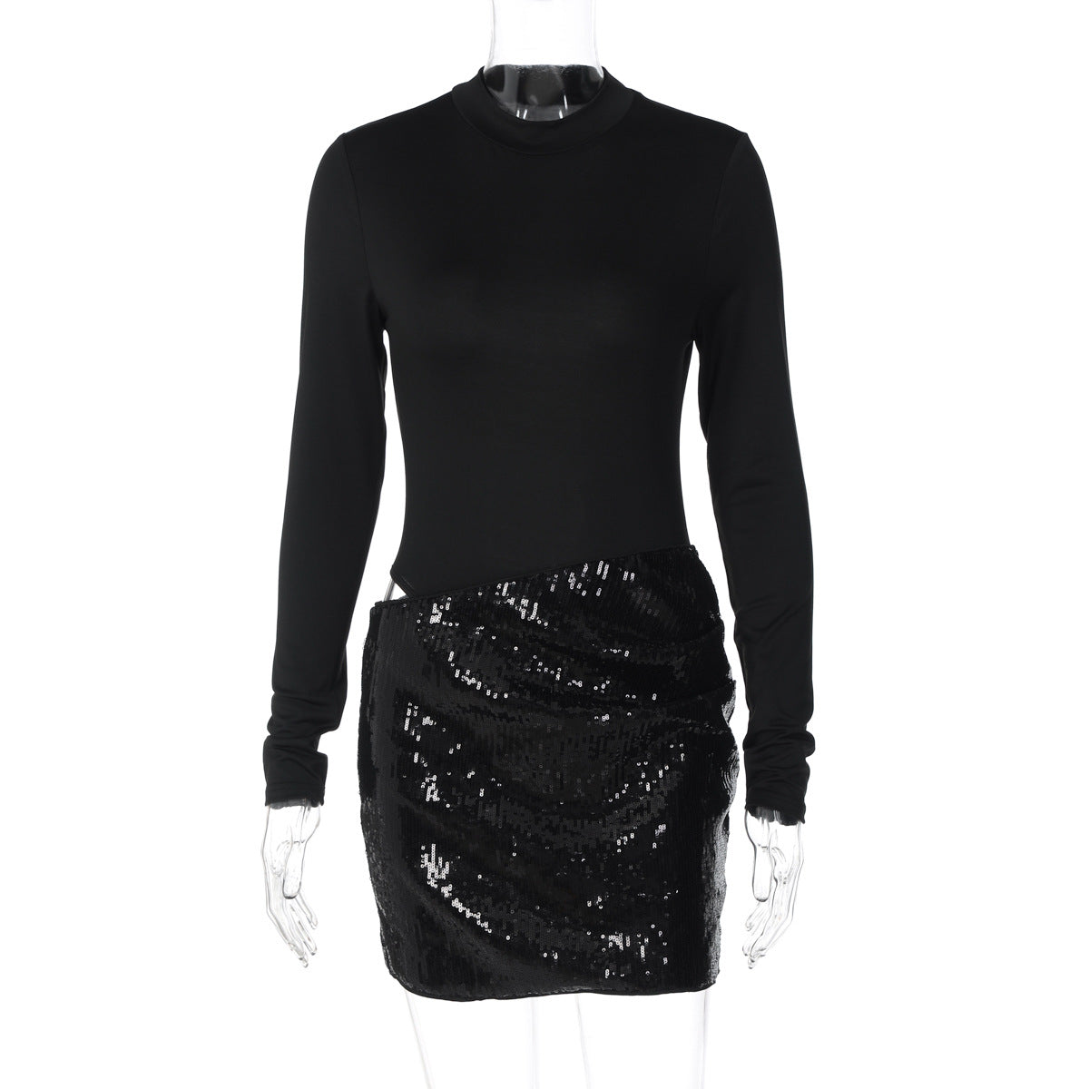 Women Clothing Autumn Winter Sexy Side Hollow Out Cutout out Stitching Slim Long Sleeve Dress
