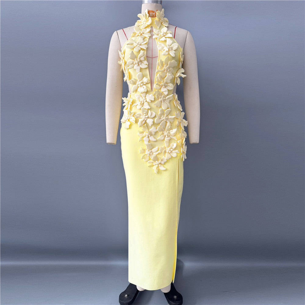 Three Dimensional Floral Sexy Cutout Halter Sleeveless Bandage Dress Ladies Party Cocktail Evening Dress