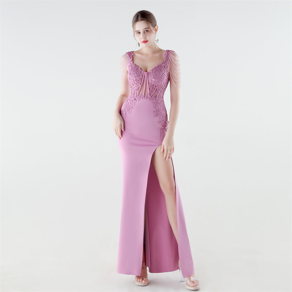 Heavy Industry Boning Corset Waist Binding Rhinestone Floral Evening Dress