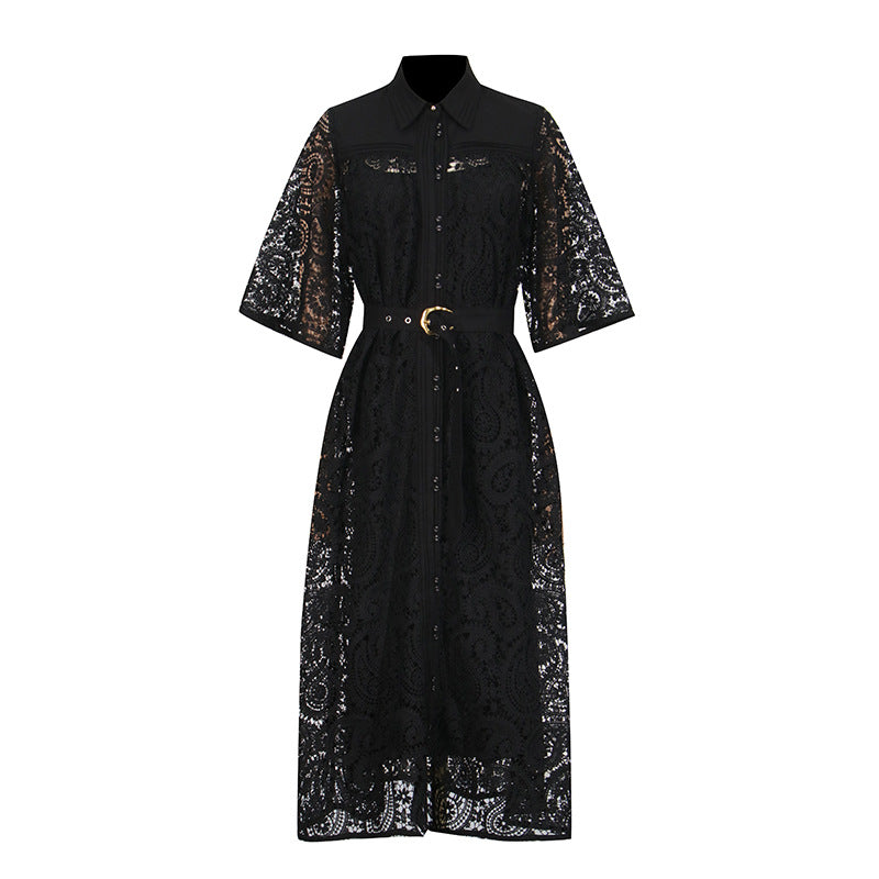 Retro Casual Elegant Dress Autumn Polo Collar Lace Hollow Out Cutout High Waist Bell Sleeve Maxi Dress Women