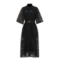 Retro Casual Elegant Dress Autumn Polo Collar Lace Hollow Out Cutout High Waist Bell Sleeve Maxi Dress Women