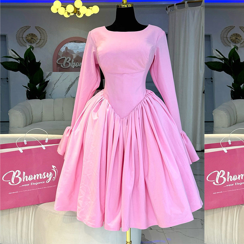 Women Clothing Spring Elegant round Neck Long Sleeve Tied Lace High Waist A line Dress