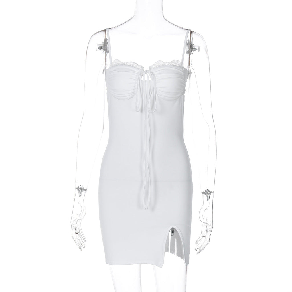 Women Clothing Winter Sexy Lace Lace up Slim Fit Sling Dress