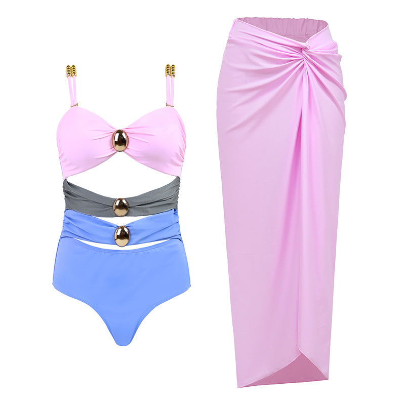 Swimsuit Color Matching Sexy Cutout One Piece Women Wrap Skirt Swimsuit Suit