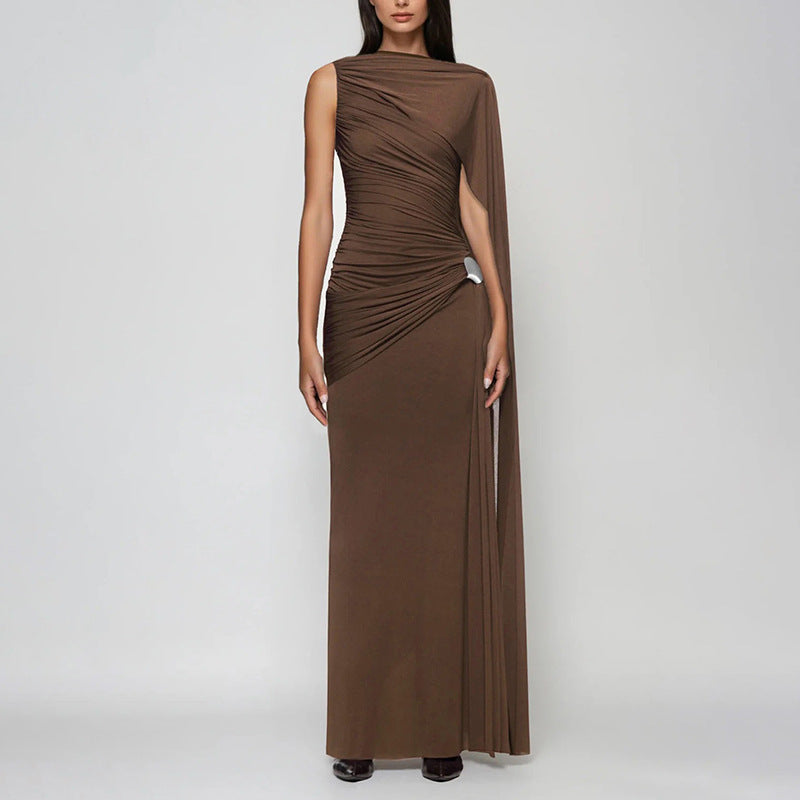 Autumn Winter Sexy Slim Waist Ribbon Pleated Solid Color Dress Elegant Dress