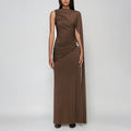 Autumn Winter Sexy Slim Waist Ribbon Pleated Solid Color Dress Elegant Dress