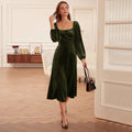 Women Clothing Autumn Winter Slim Fit Square Collar A line Dress Long Sleeve Velvet Dress