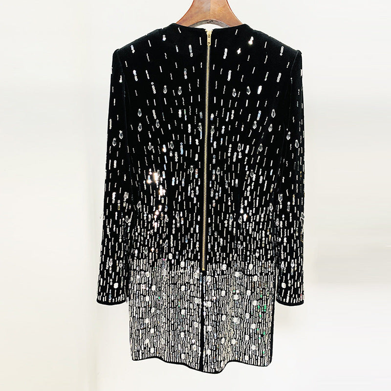 Women Autumn Winter Stars Heavy Industry Beads Sequined Pleuche Long Sleeve Dress