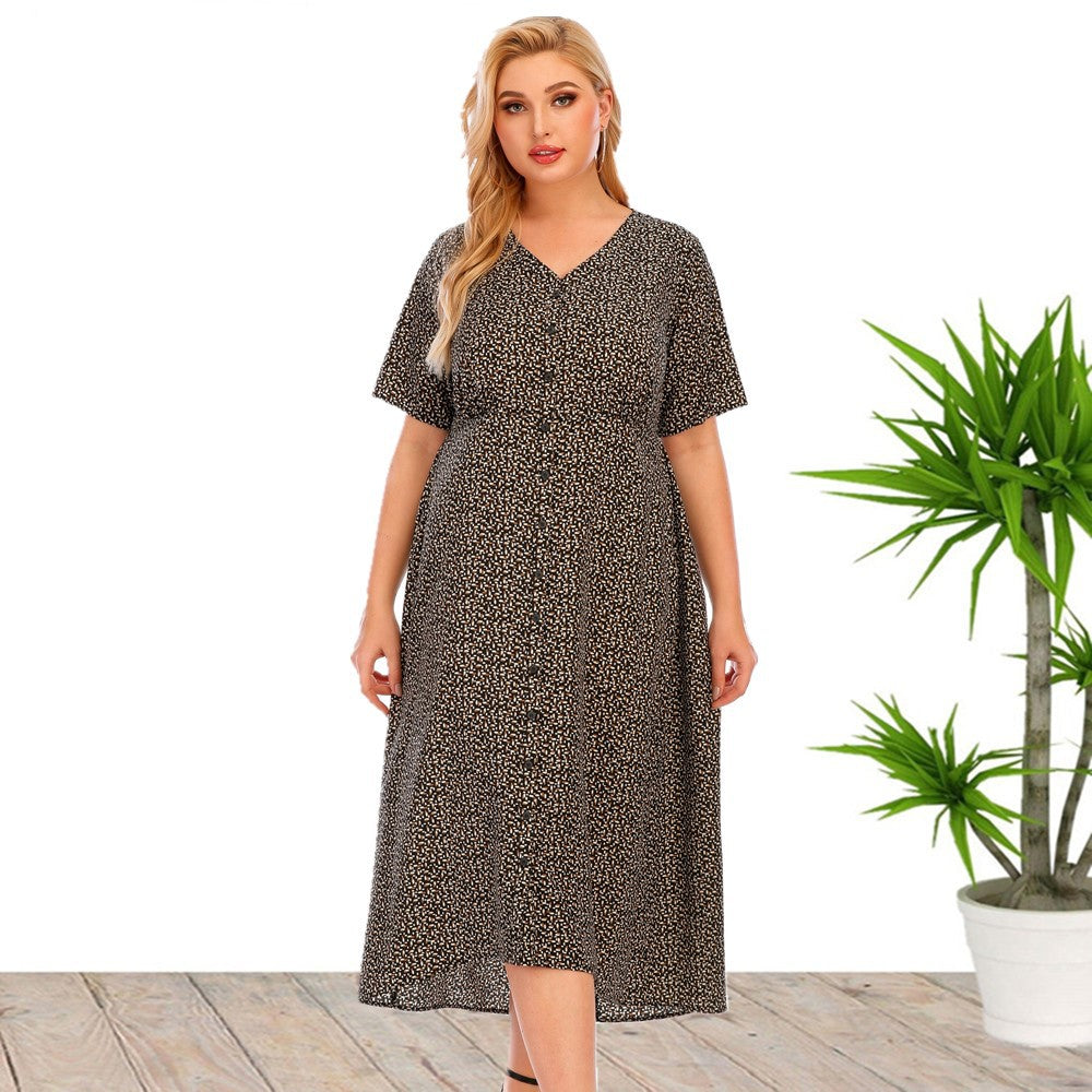 Plus Size Women Summer Short Sleeve Printed Button Pocket Dress