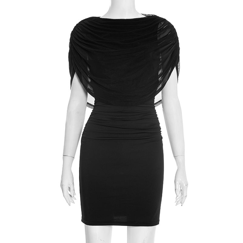 Women Clothing Winter Solid Color Mesh Stitching Sleeveless Slim Dress