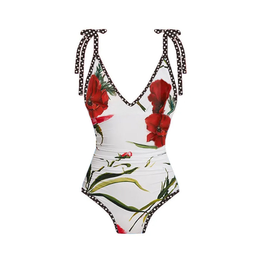Printing One Piece Women Swimwear French Retro Cover Belly Slimming Swimsuit Chiffon Sand