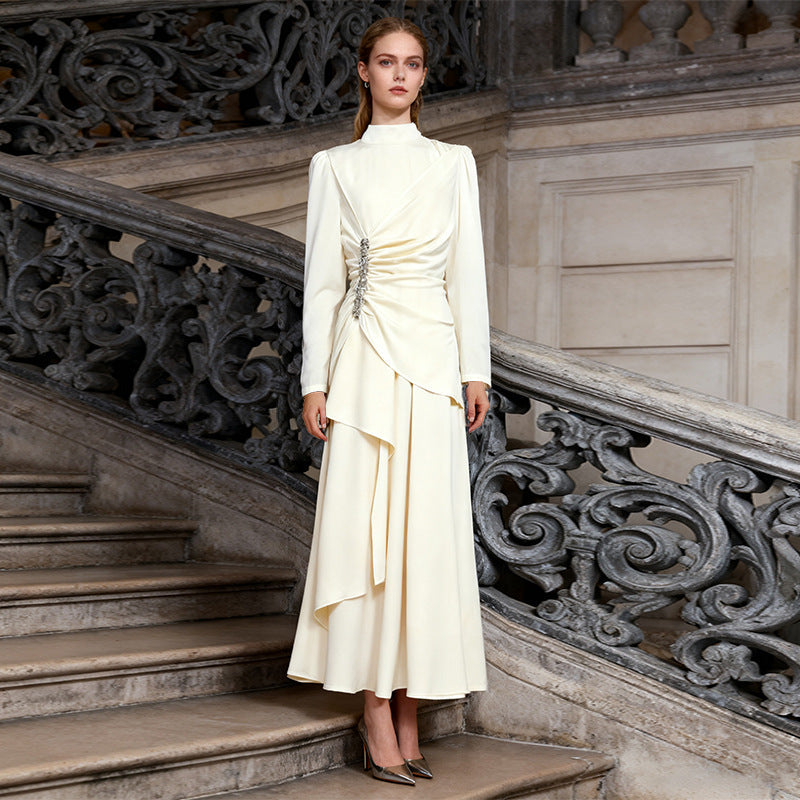 Elegant Palace Light Luxury Formal Dress Women Clothing Autumn Solid Color Diamond Pleated Long Sleeve Dress